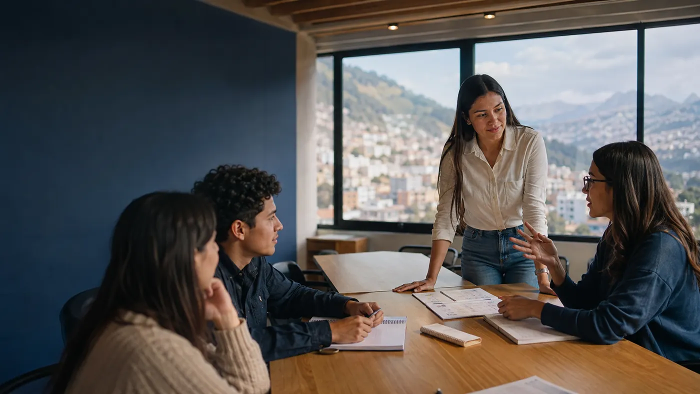 Ilustración generada de una conversación de inglés en un aula; no representa a la academia
